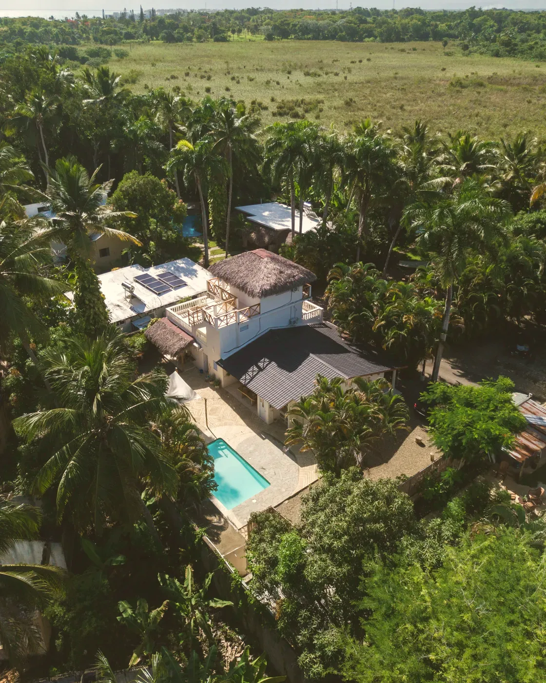 The villa and pool from above, surrounded by palms