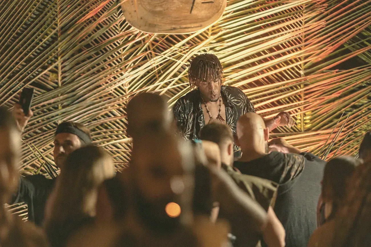 A crowd dancing under palm leaves at the DJ booth