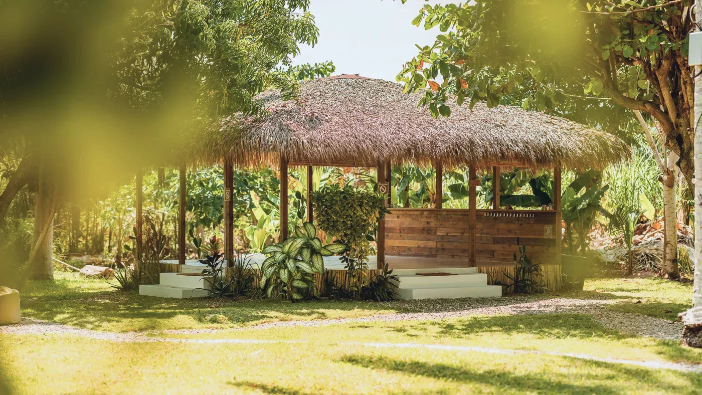 The shala in the sunny garden