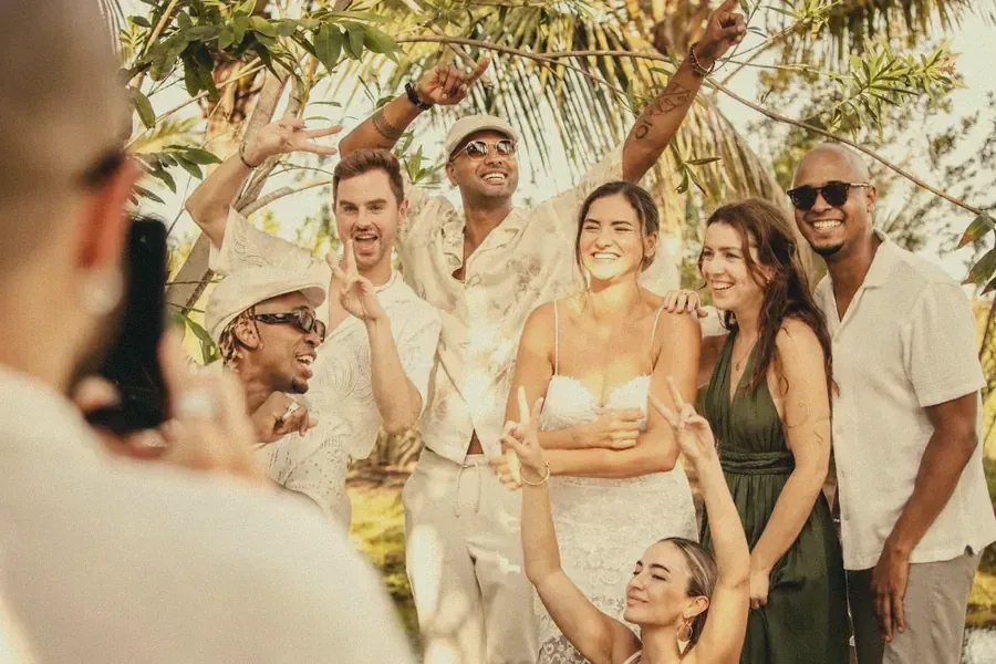 A group of friends celebrating together in the garden